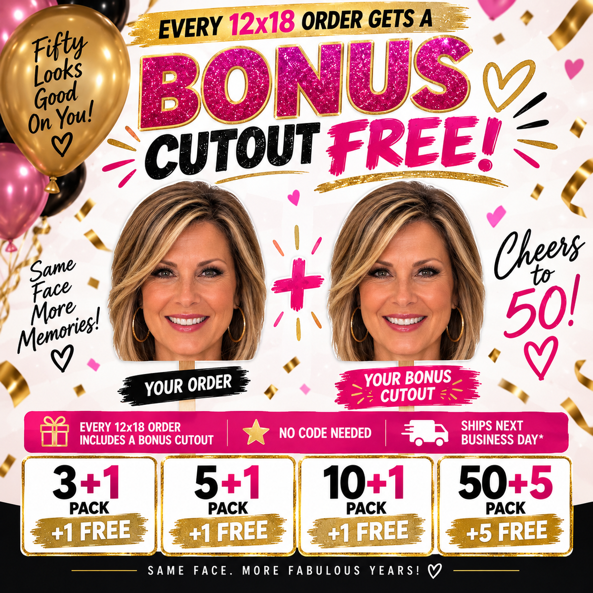 Custom 50th birthday big head cutouts with free bonus cutout offer, featuring personalized face cutouts and 50th birthday party decorations.