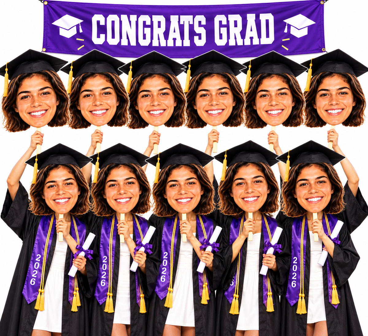 10 Pack Graduation Big Head Cutouts – Personalized Photo Signs