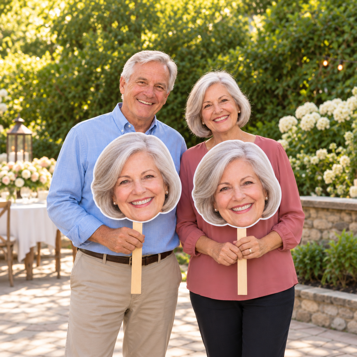 AI-generated anniversary scene with an adult couple in a garden, each holding a matching oversized portrait cutout of the woman on a thin wooden handle with a flat end.