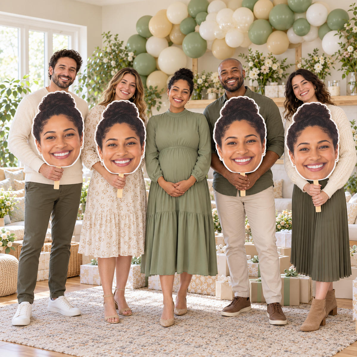 Illustrative sage-and-cream baby shower with an adult parent-to-be and four adult supporters holding matching oversized cutouts of her smiling face.