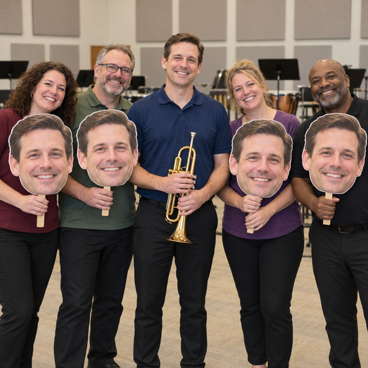 AI-generated illustration of an adult trumpet player and four supporters holding oversized cutouts of his smiling face in a band rehearsal room.