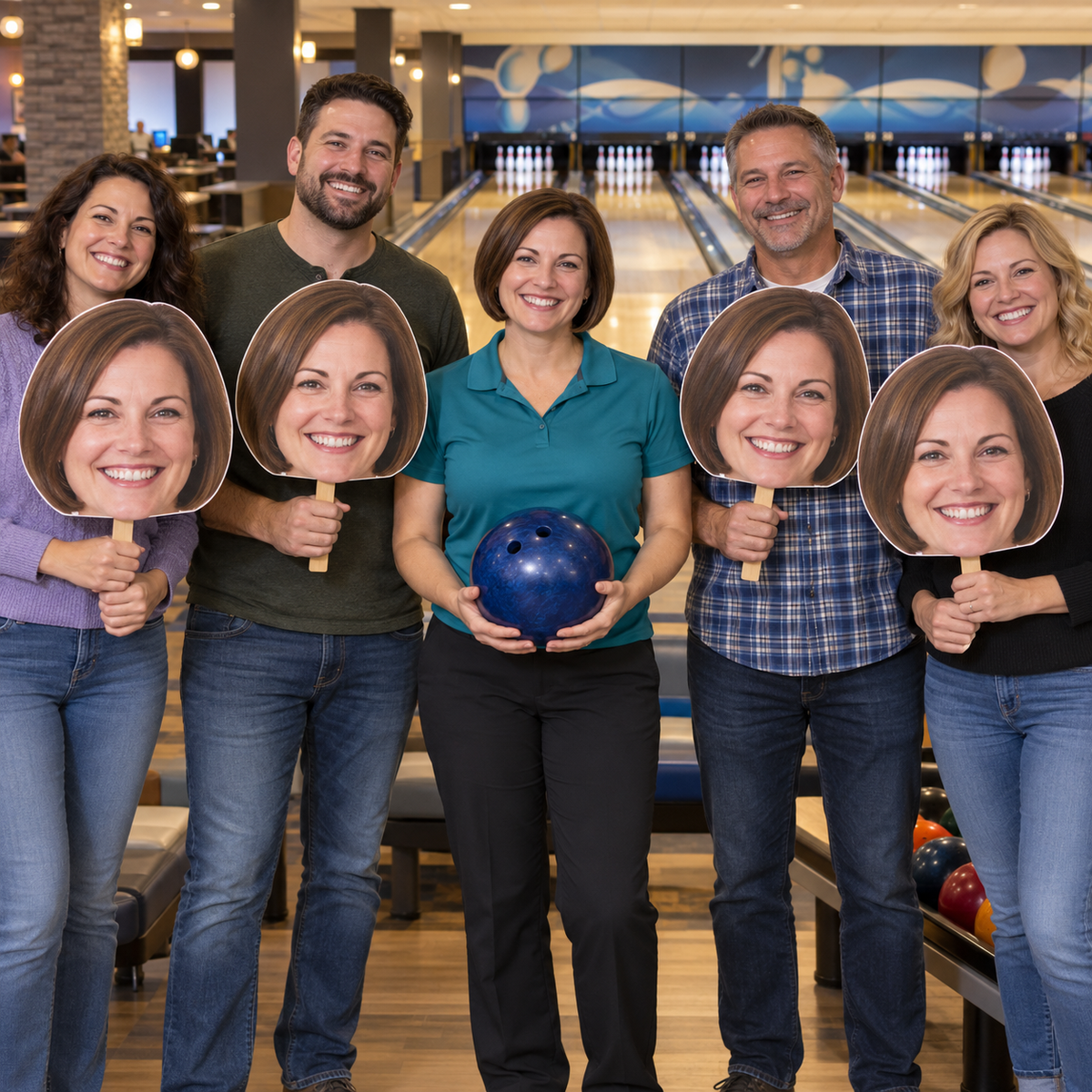 Adult bowler holding a blue bowling ball in a bowling center seating area while four supporters display oversized cutouts of her smiling face.