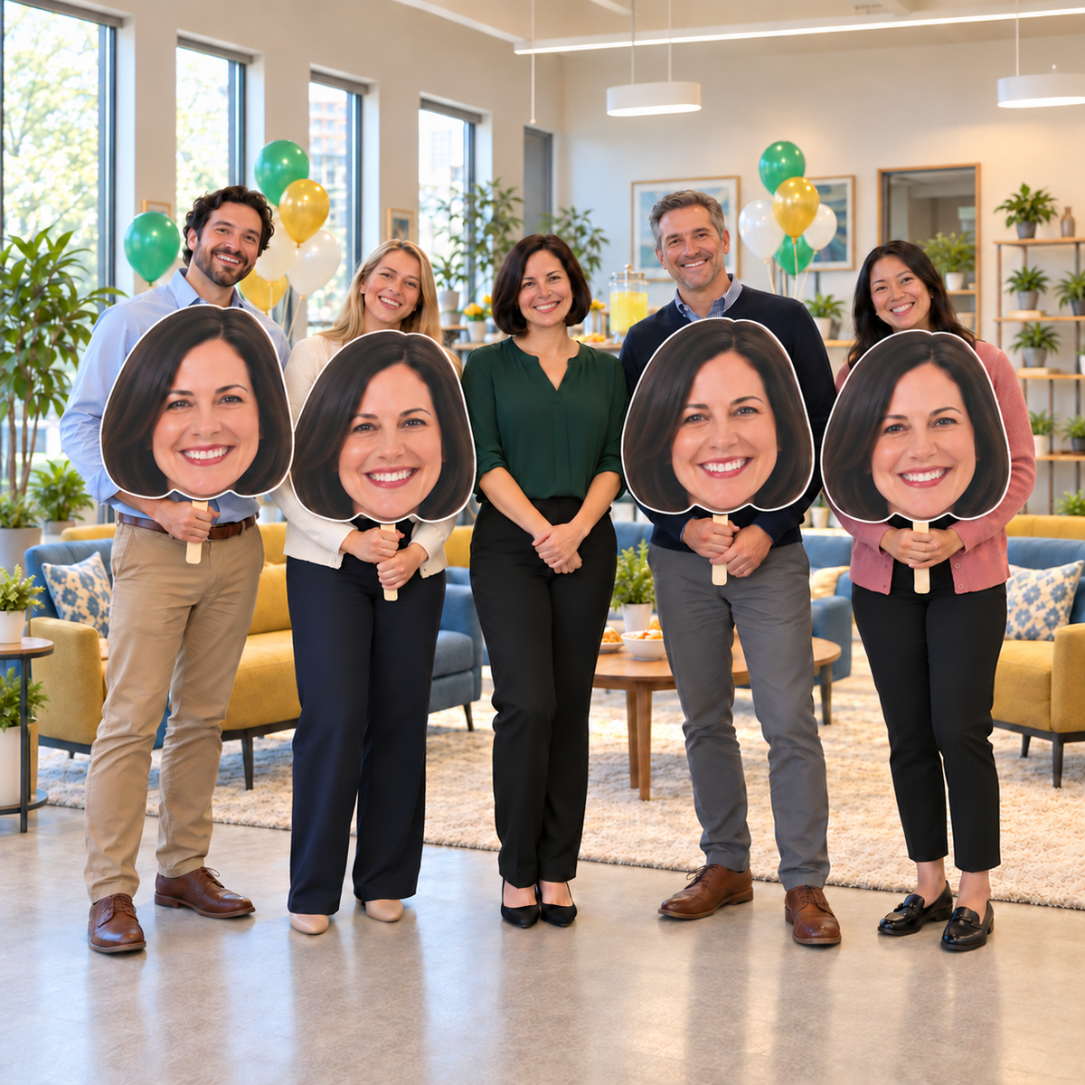 Five adults at an office company party, with four holding oversized matching head cutouts of the smiling dark-haired woman in the center, surrounded by balloons, plants and lounge furniture.
