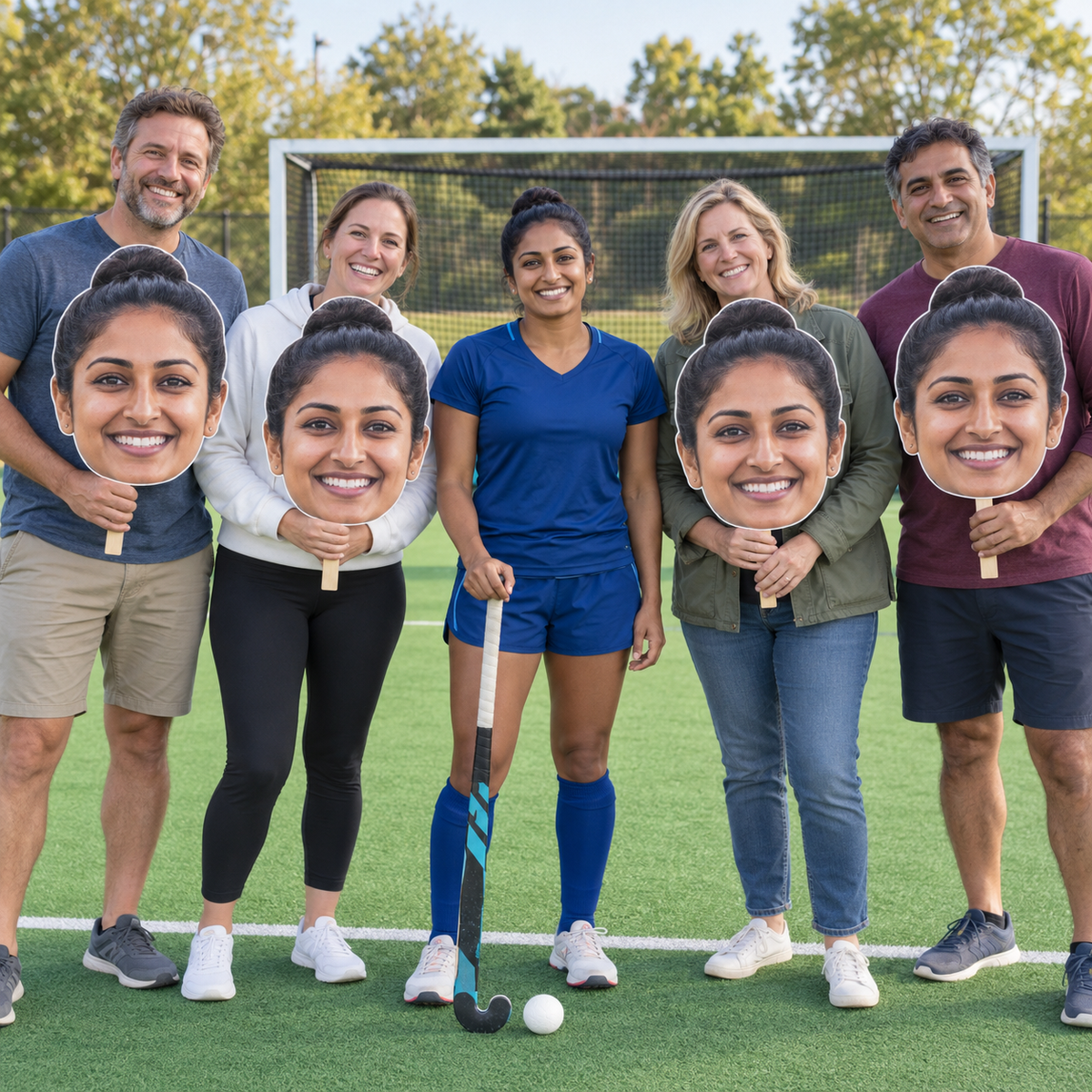 Field hockey player with a stick and ball on turf, surrounded by four adult supporters holding oversized cutouts of her smiling face.