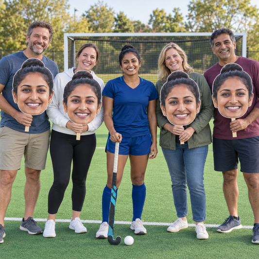 Field hockey player with a stick and ball on turf, surrounded by four adult supporters holding oversized cutouts of her smiling face.