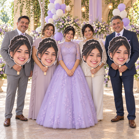 Illustrative quinceañera scene with a teen celebrant in a lavender gown and four adult family members holding matching oversized cutouts of her smiling face.