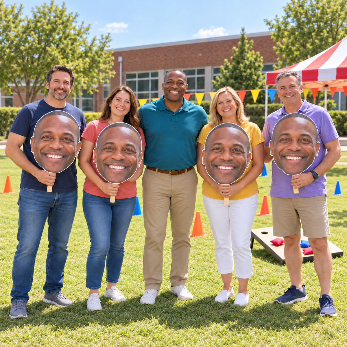 Five adults on a school lawn at a field-day carnival, with four holding oversized matching head cutouts of the smiling man in the center; bunting, a striped tent, cones and a beanbag game are behind them.
