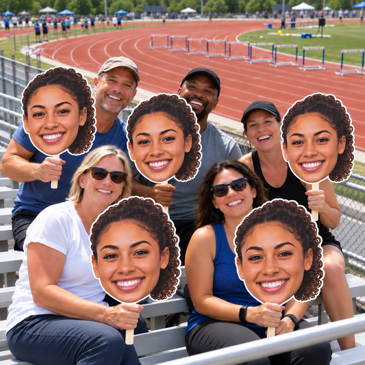 Five supporters in stadium seating holding matching oversized athlete face cutouts, with track lanes and hurdles behind them.