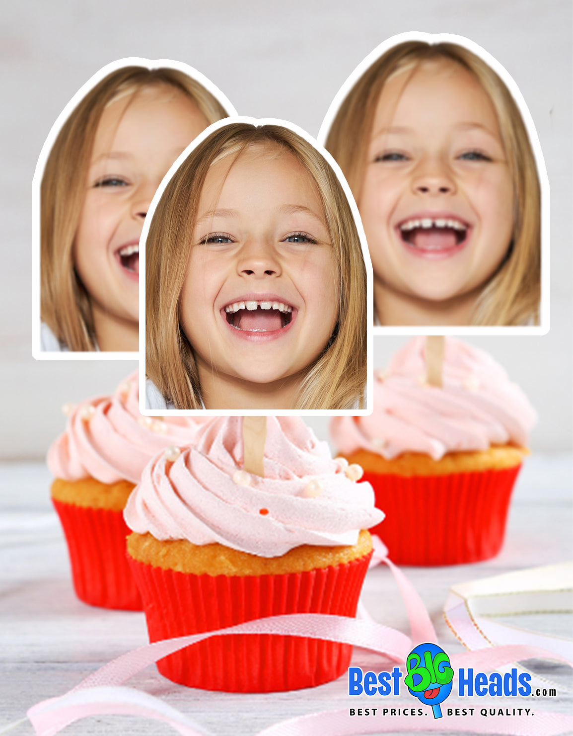 Custom girl face cupcake toppers displayed on pink cupcakes.