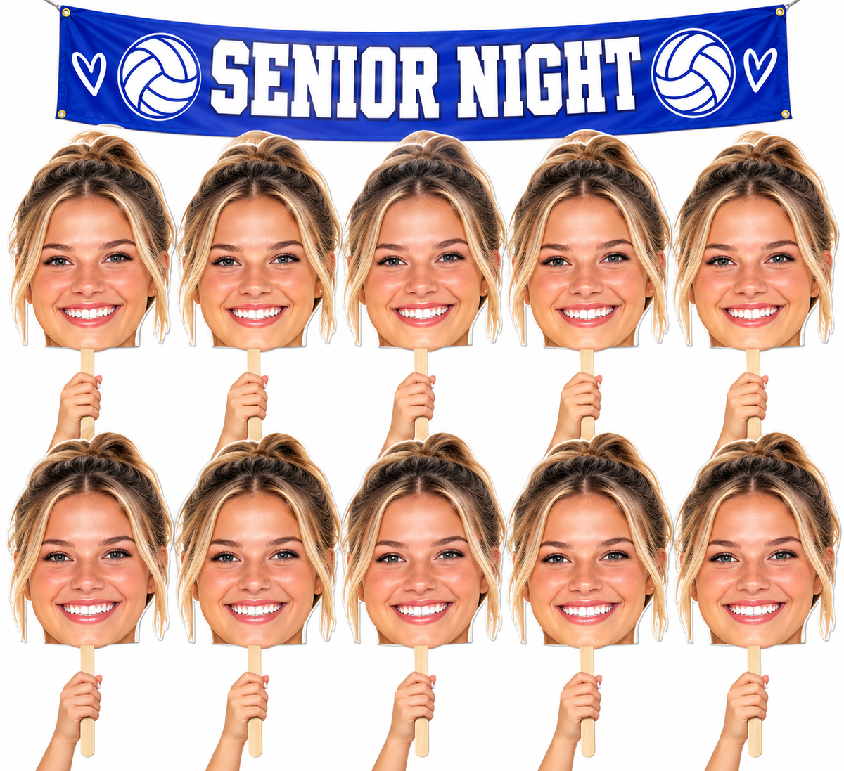 Ten matching oversized face cutouts on sticks beneath a blue Volleyball Senior Night banner