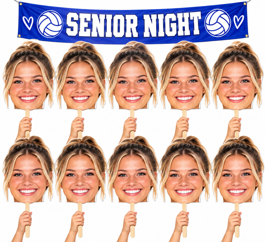 Ten matching oversized face cutouts on sticks beneath a blue Volleyball Senior Night banner
