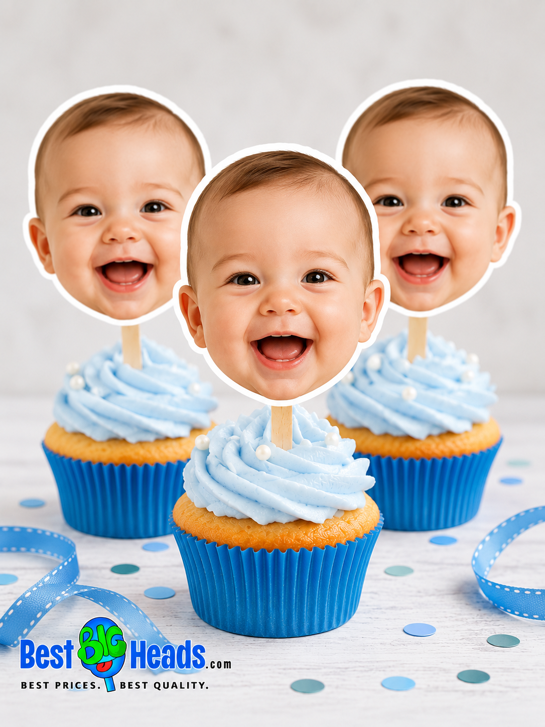 Custom baby face cupcake toppers with smiling baby photo on vanilla cupcakes.