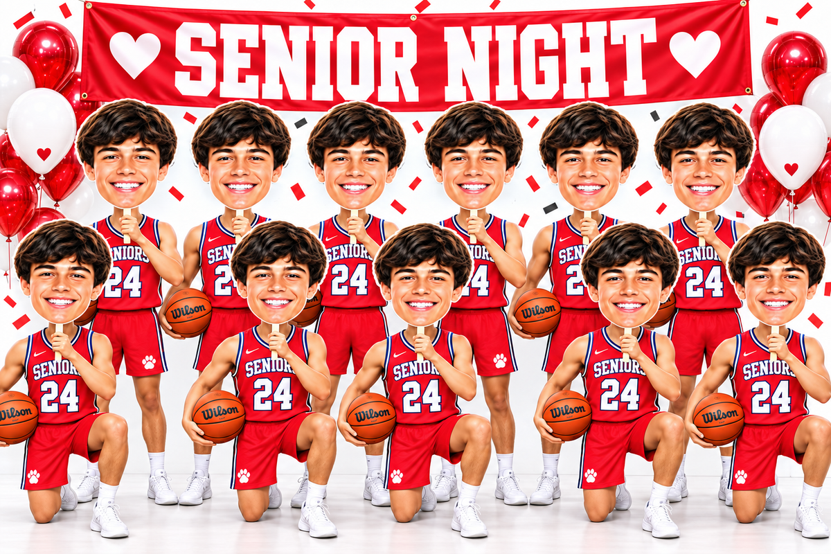 Eleven custom big head cutouts held by basketball players in red uniforms beneath a Senior Night banner.