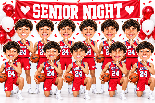 Eleven custom big head cutouts held by basketball players in red uniforms beneath a Senior Night banner.
