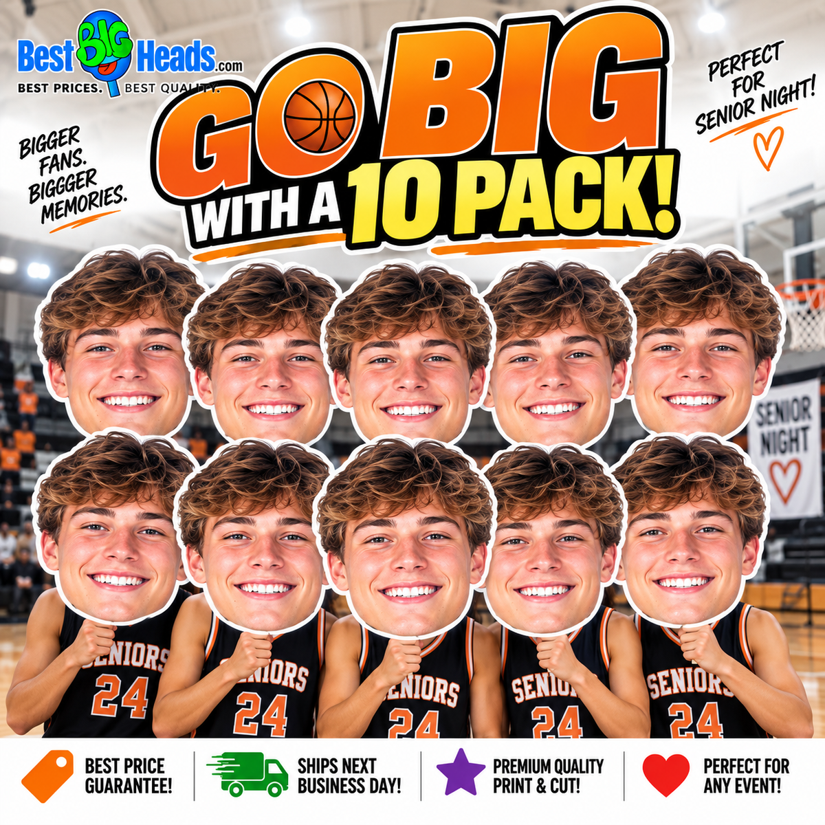 Go Big with a 10 Pack graphic showing custom basketball face signs in a school gym for Senior Night.