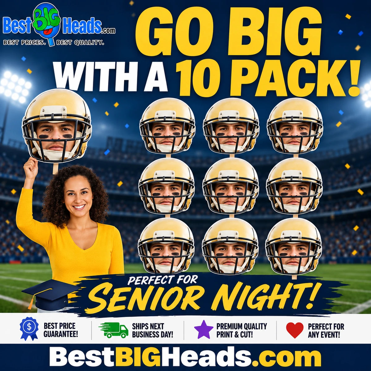 Senior Night promotional artwork for a 10 pack of custom big head cutouts.