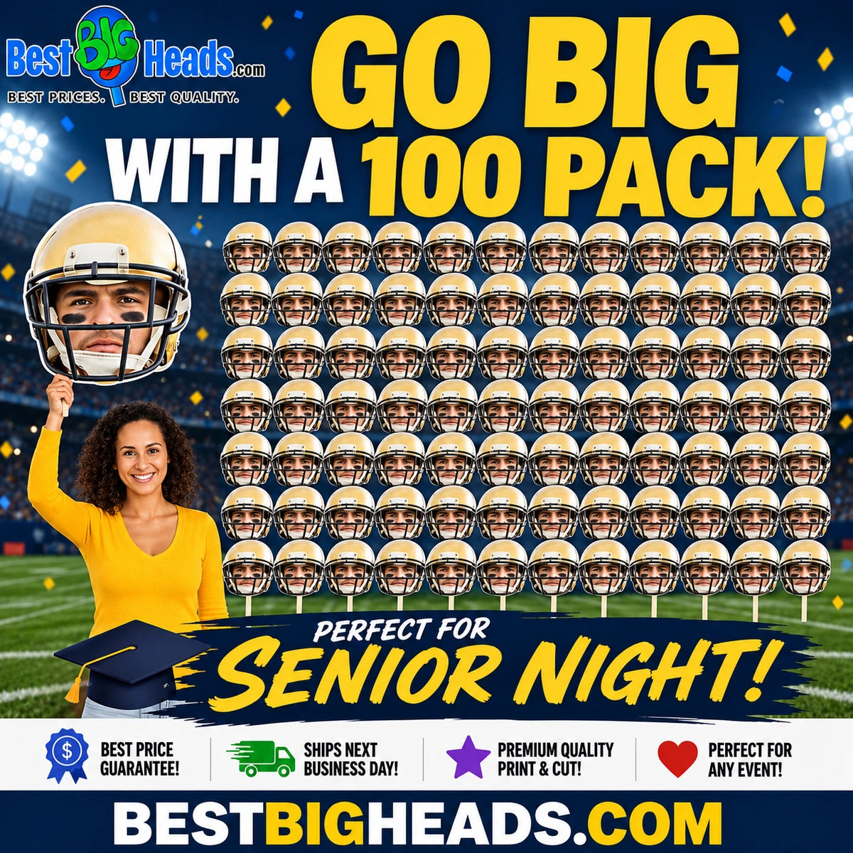 Senior Night promotional illustration showing a 100-pack of custom big head cutouts with the words Go Big With a 100 Pack.