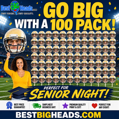Senior Night promotional illustration showing a 100-pack of custom big head cutouts with the words Go Big With a 100 Pack.