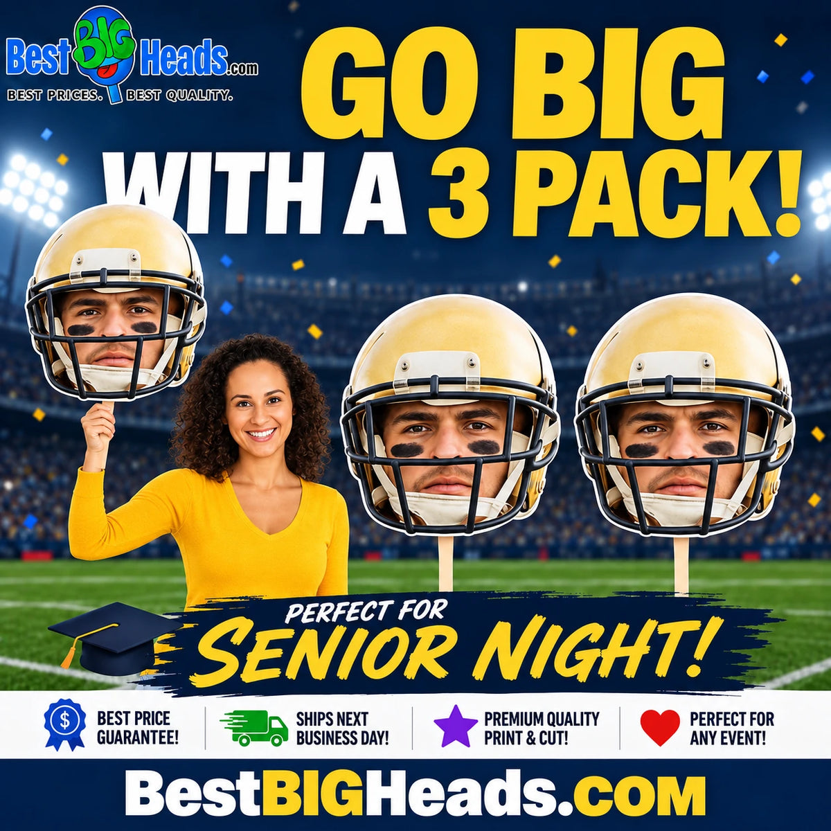Go big with a 3 pack: a woman holding a football player face cutout beside two matching cutouts at a stadium for Senior Night.