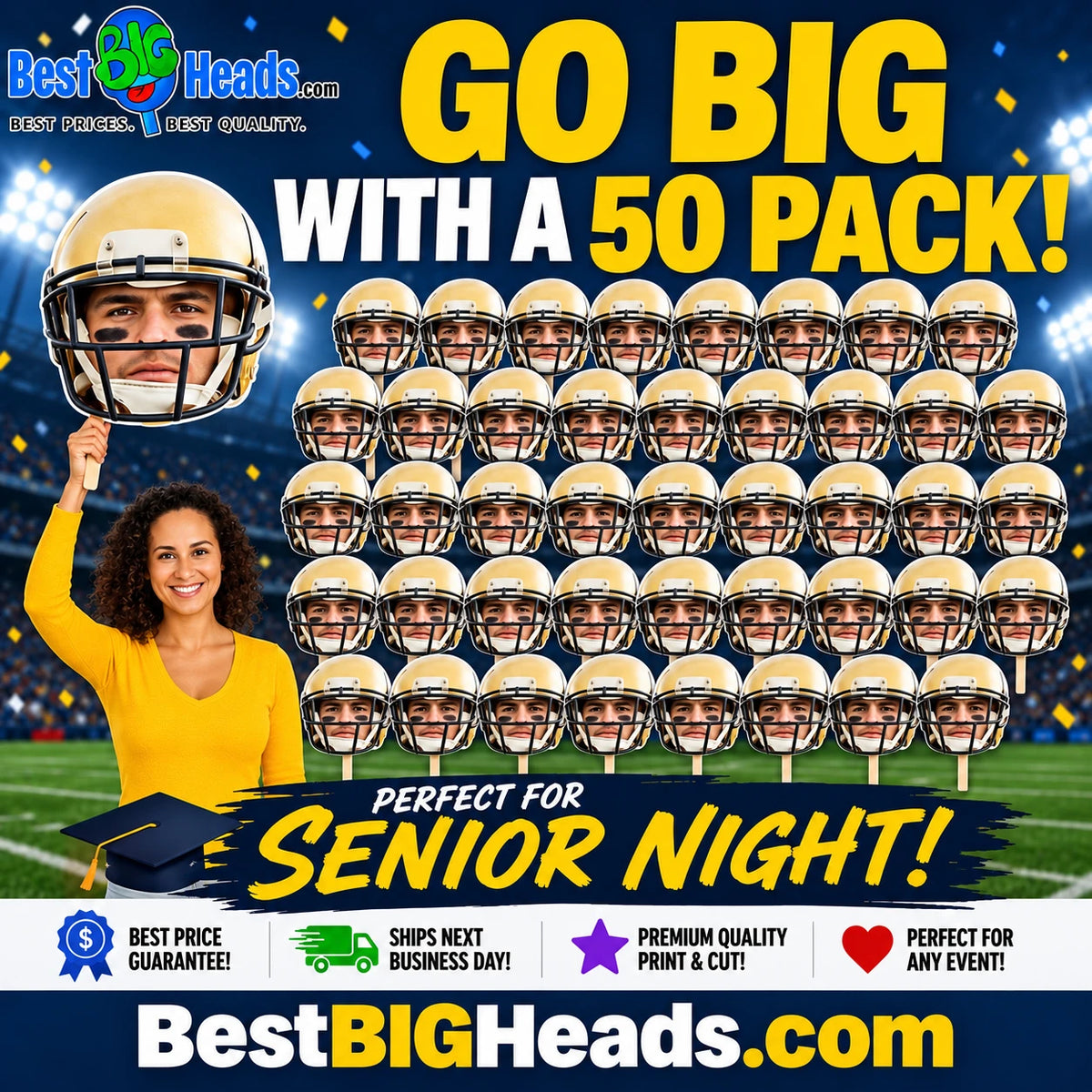 Senior Night promotional artwork for a 50 pack of custom big head cutouts.