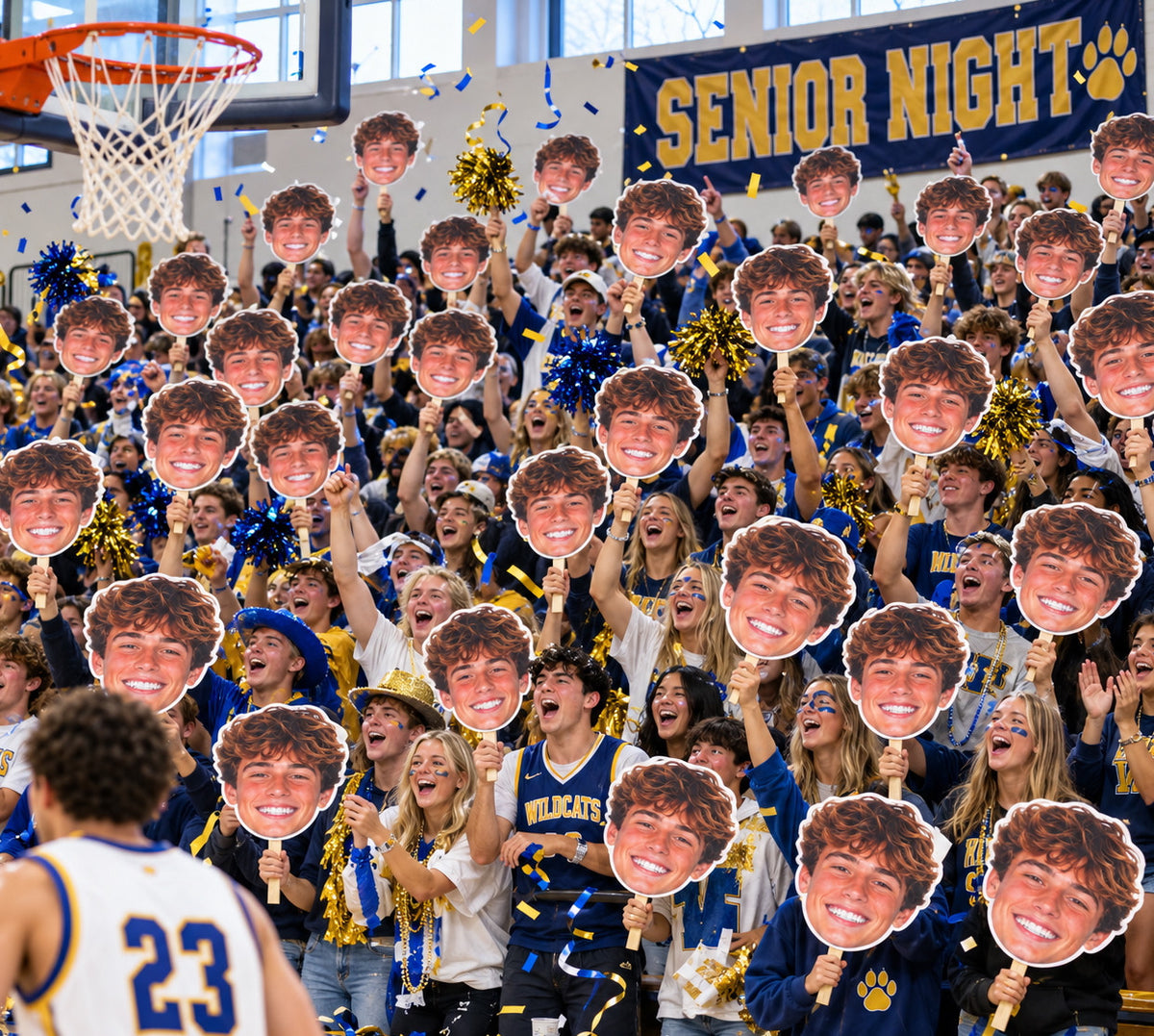 Senior Night basketball crowd cheering with oversized matching face cutouts, blue and gold confetti, and a Senior Night banner.
