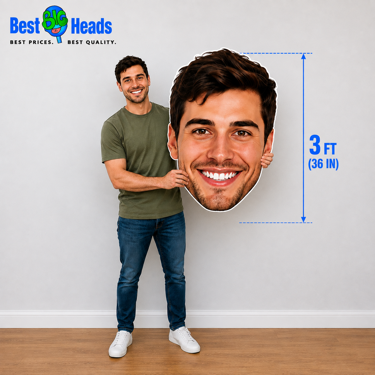 A man stands against a white wall holding a large 3-foot tall custom printed face cutout. The image includes a 'Best Heads' brand logo in the top-left corner and a '3 FT (36 IN)' height measurement graphic on the right side.
