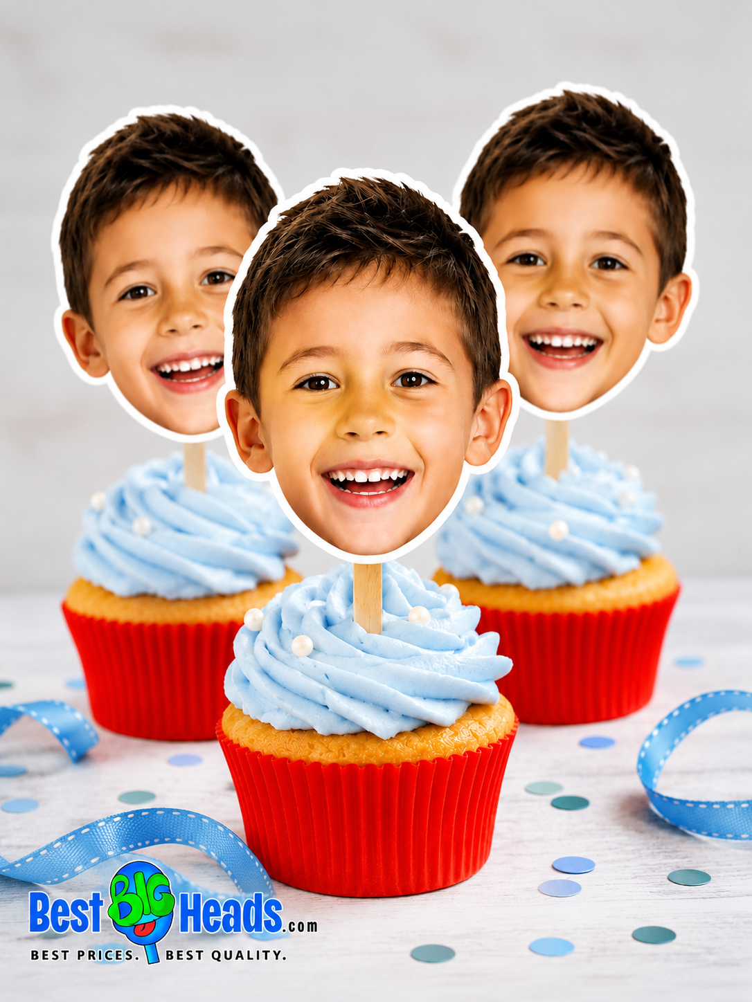 Custom boy face cupcake toppers on birthday cupcakes.