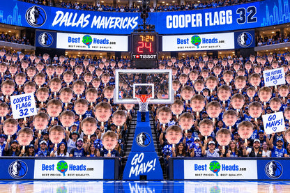 Illustration of a blue basketball arena filled with fans holding face cutouts.