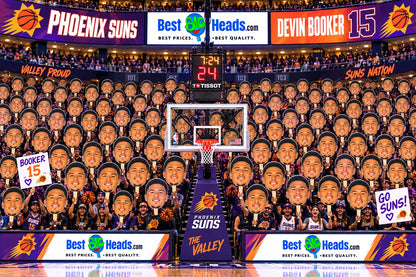 Illustration of basketball fans holding big head cutouts in an orange and purple arena.