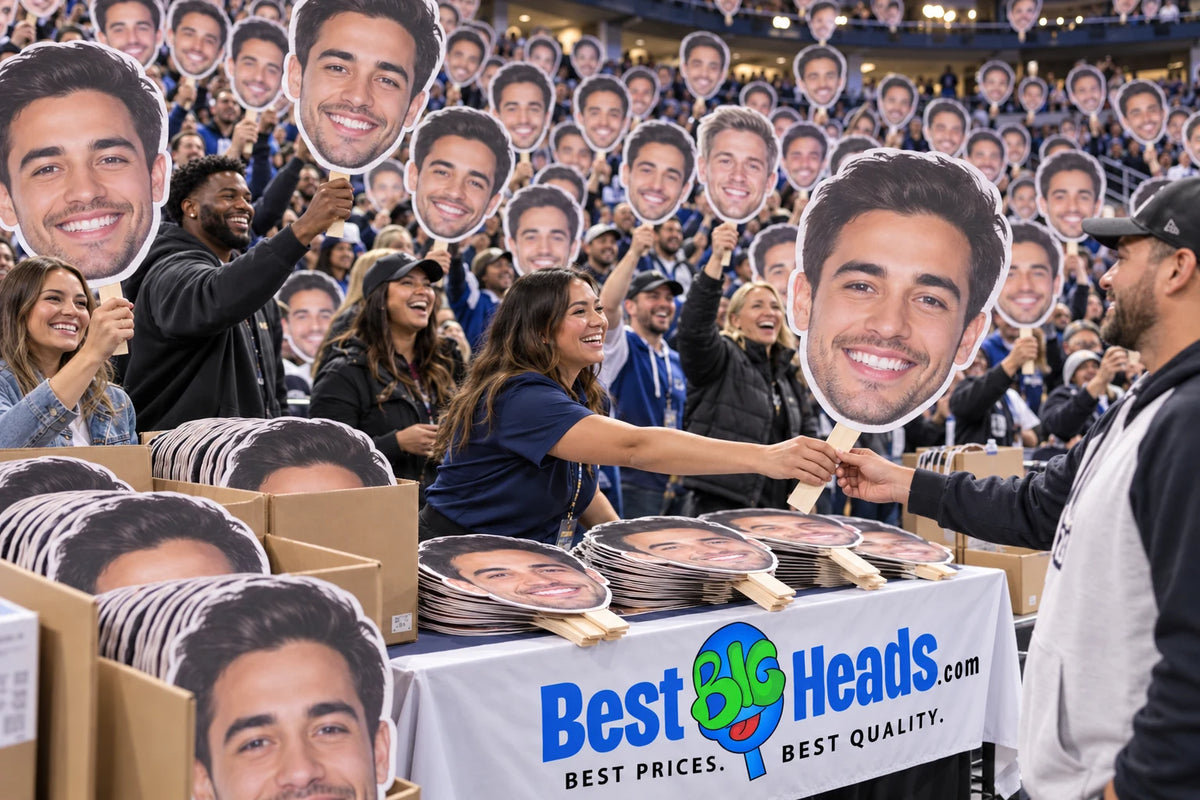 Illustration of big head cutouts being handed out at an arena giveaway table.
