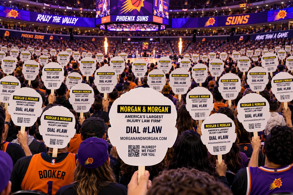 Illustration of an arena crowd holding cutouts with sponsor advertising on the backs.