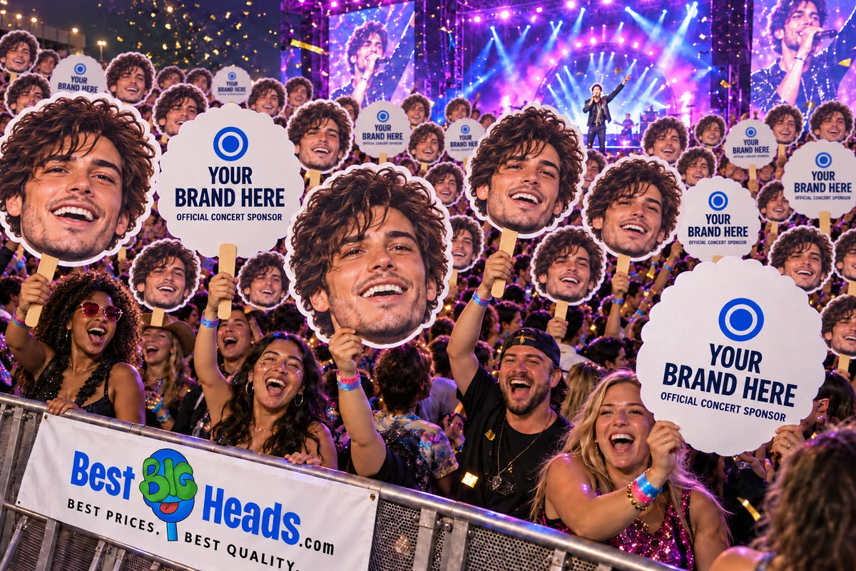 Illustration of a concert crowd holding big head cutouts and sponsor backs.
