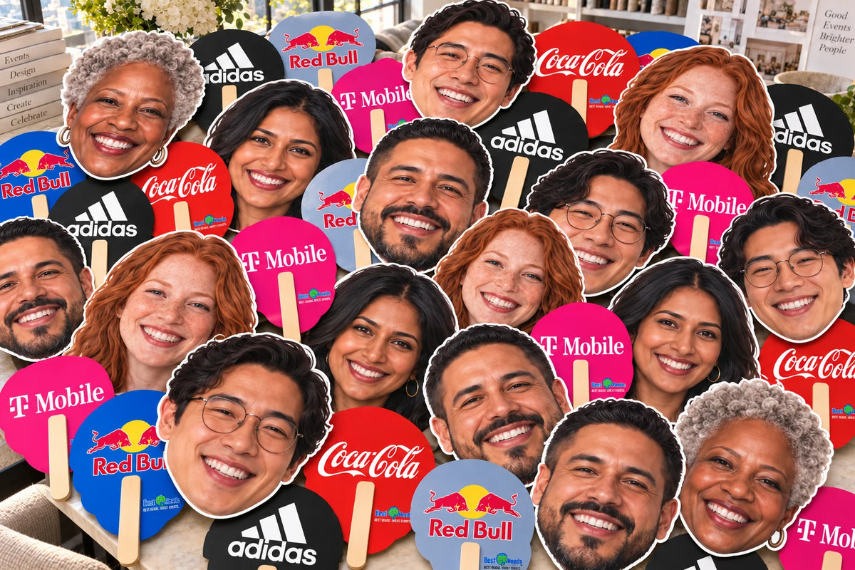 Close-up illustration of face cutouts and colorful sponsor-logo backs.