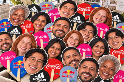 Close-up illustration of face cutouts and colorful sponsor-logo backs.