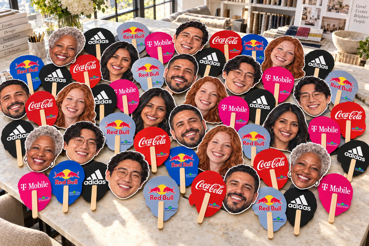 Illustration of face cutouts and colorful sponsor-printed backs on a tabletop.
