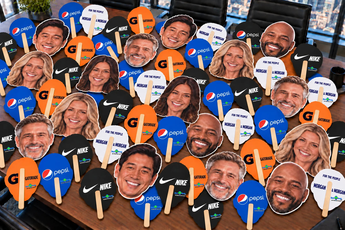 Illustration of face cutouts with blue, orange, black, and white sponsor backs.