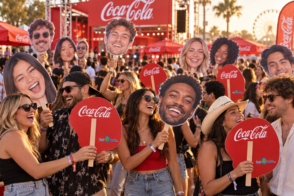 Close-up illustration of festival fans holding face cutouts and red sponsor backs.