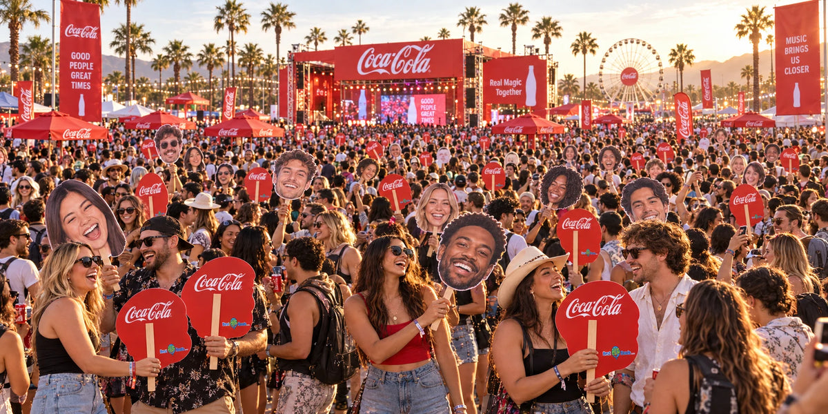 Wide illustration of festival fans holding face cutouts and red sponsor backs.