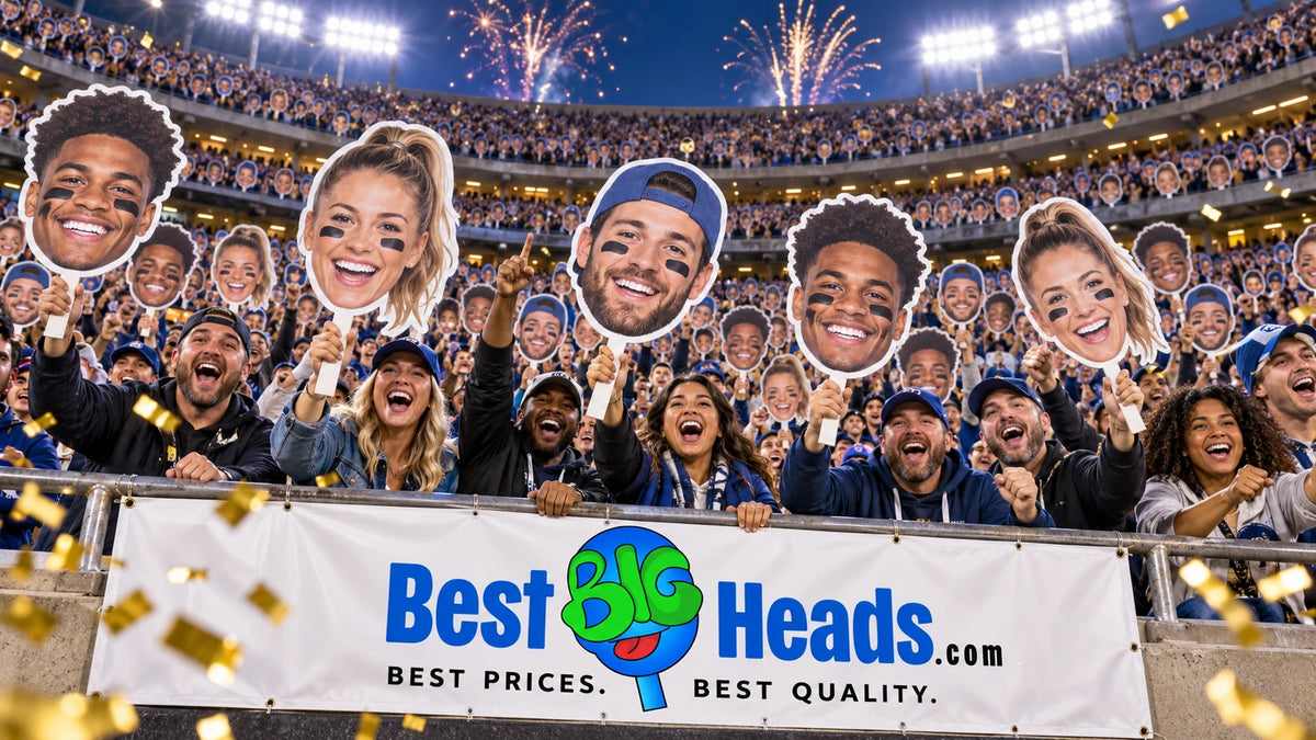 Illustration of stadium fans holding oversized face cutouts with fireworks overhead.