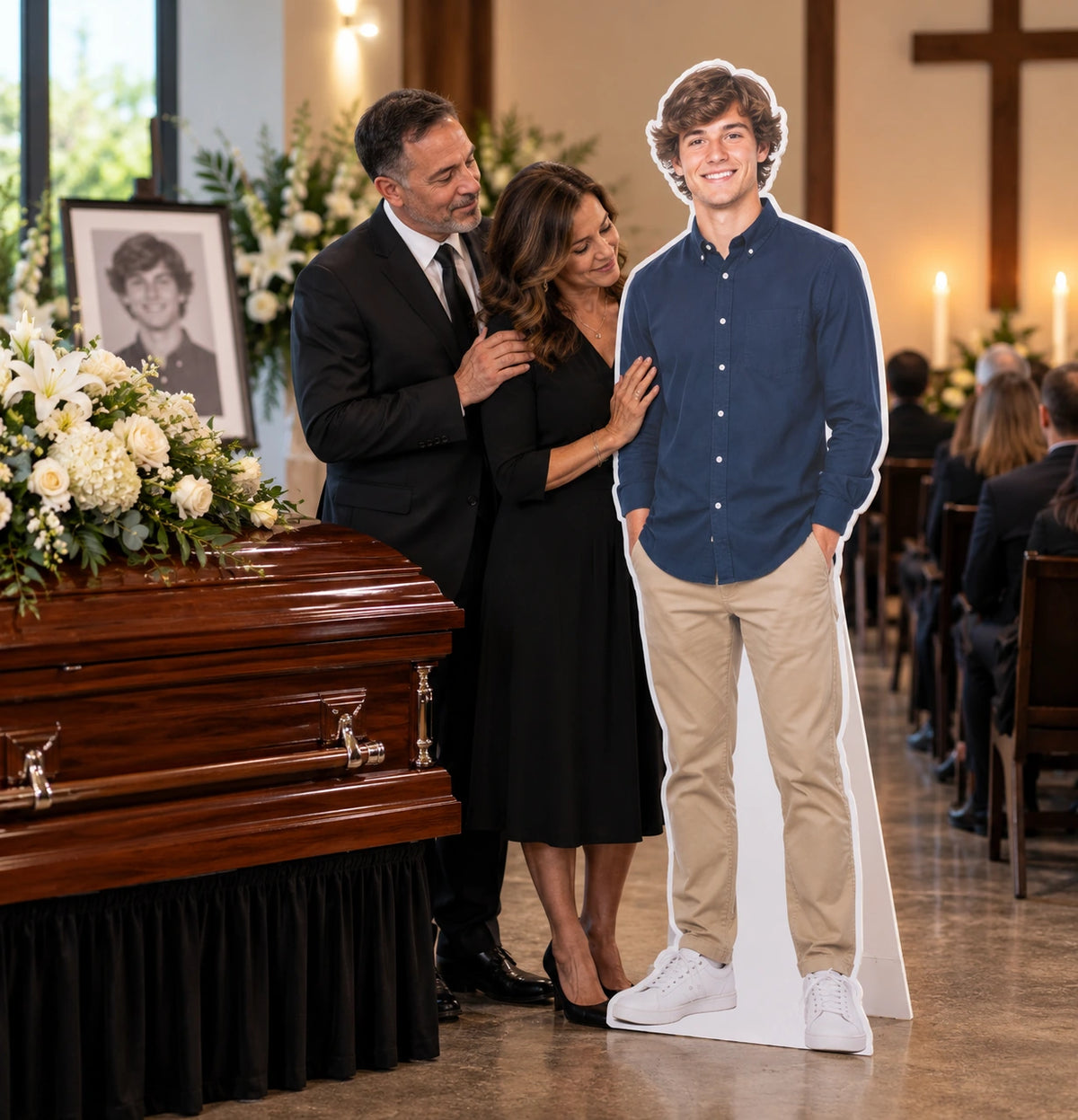 Family beside a life-size custom cutout of a person in cream trousers at a memorial service with flowers.