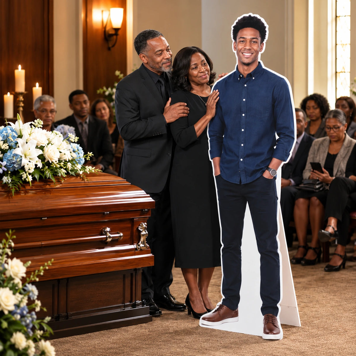 Family beside a life-size custom cutout of a man in a navy shirt at a memorial service with flowers.