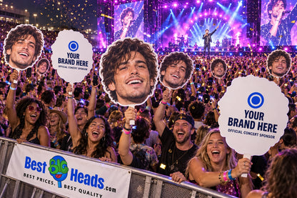 Illustration of concert fans holding big head cutouts and white sponsor backs.
