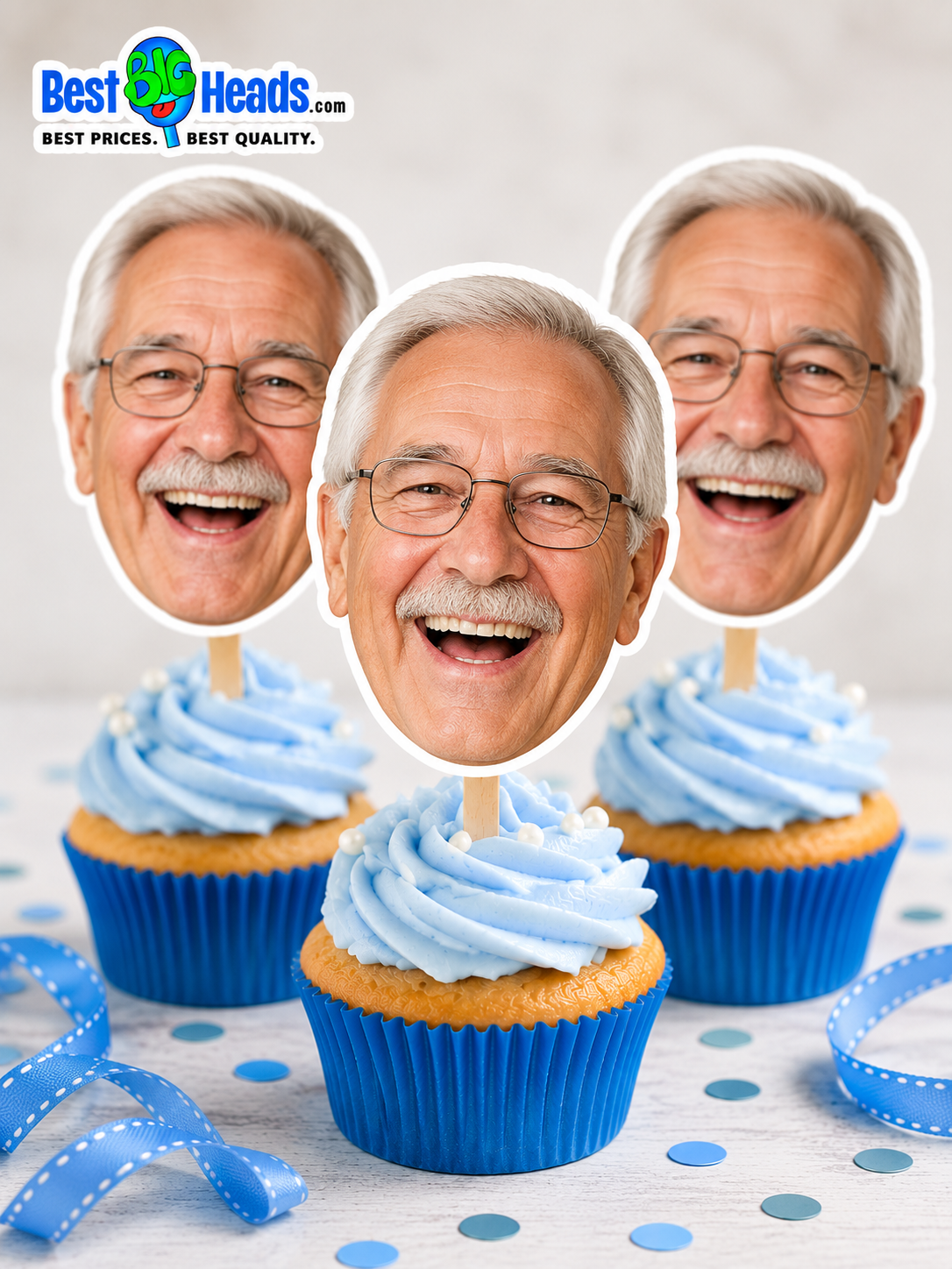 Happy grandpa photo cupcake toppers displayed on blue frosted cupcakes.