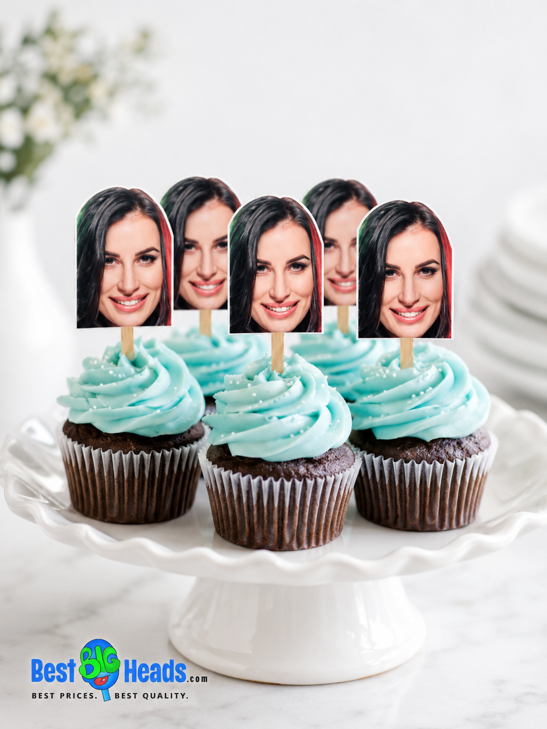 Personalized photo cupcake toppers featuring a woman's face displayed on chocolate cupcakes.