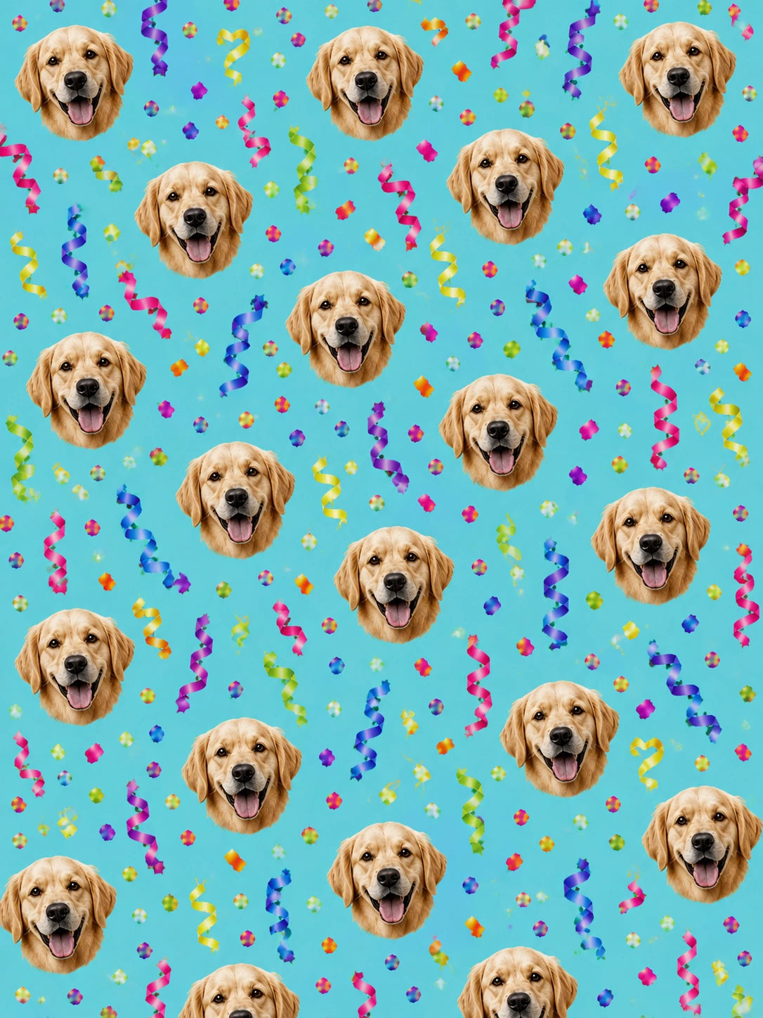 Birthday 1 gift wrap example with golden retriever faces, colorful streamers and confetti on turquoise.