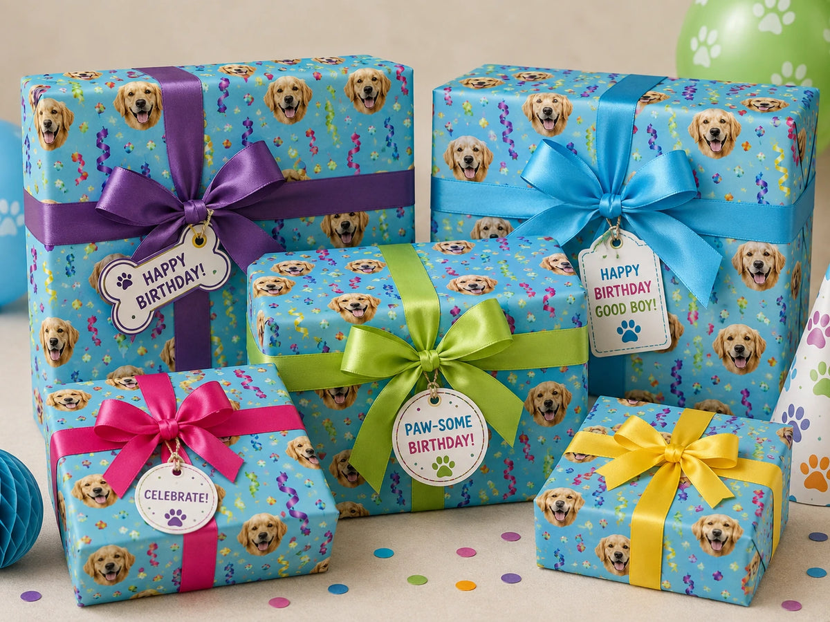 Birthday gifts wrapped in turquoise Birthday 1 paper with golden retriever faces, colorful confetti, bright ribbon bows and gift tags.