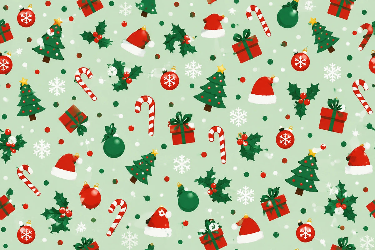 Christmas gift wrap pattern with trees, wrapped presents, Santa hats, holly, candy canes and ornaments on pale green.