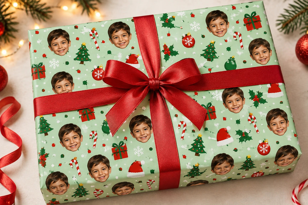 Gift wrapped in pale green Christmas 1 paper with a smiling child face, festive icons and a red ribbon bow.