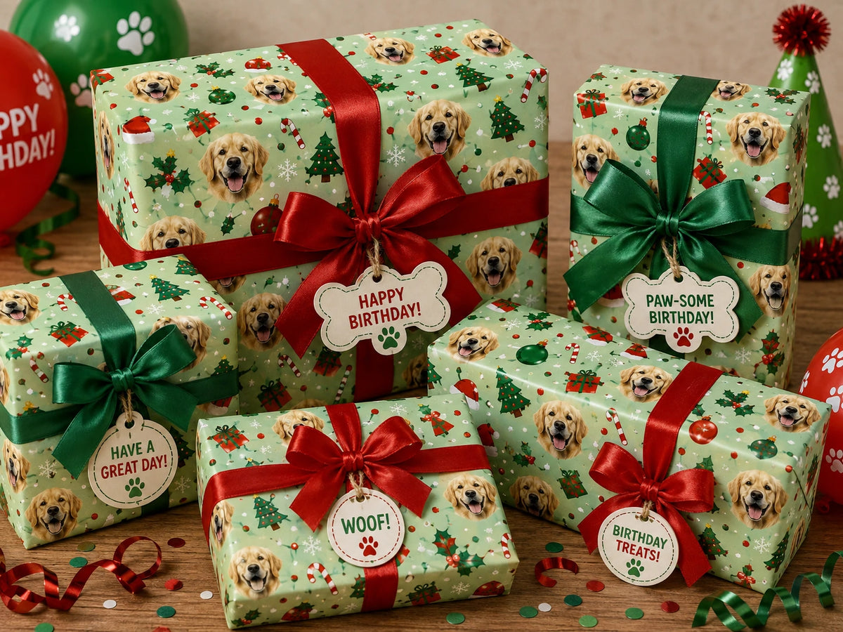 Stacked gifts wrapped in pale green Christmas 2 paper with golden retriever faces and festive icons, tied with red and green bows and birthday gift tags.