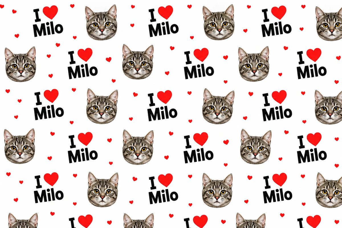 I Heart Name with Face 1 gift wrap example with a tabby cat face, black I love Milo text and red hearts on white.